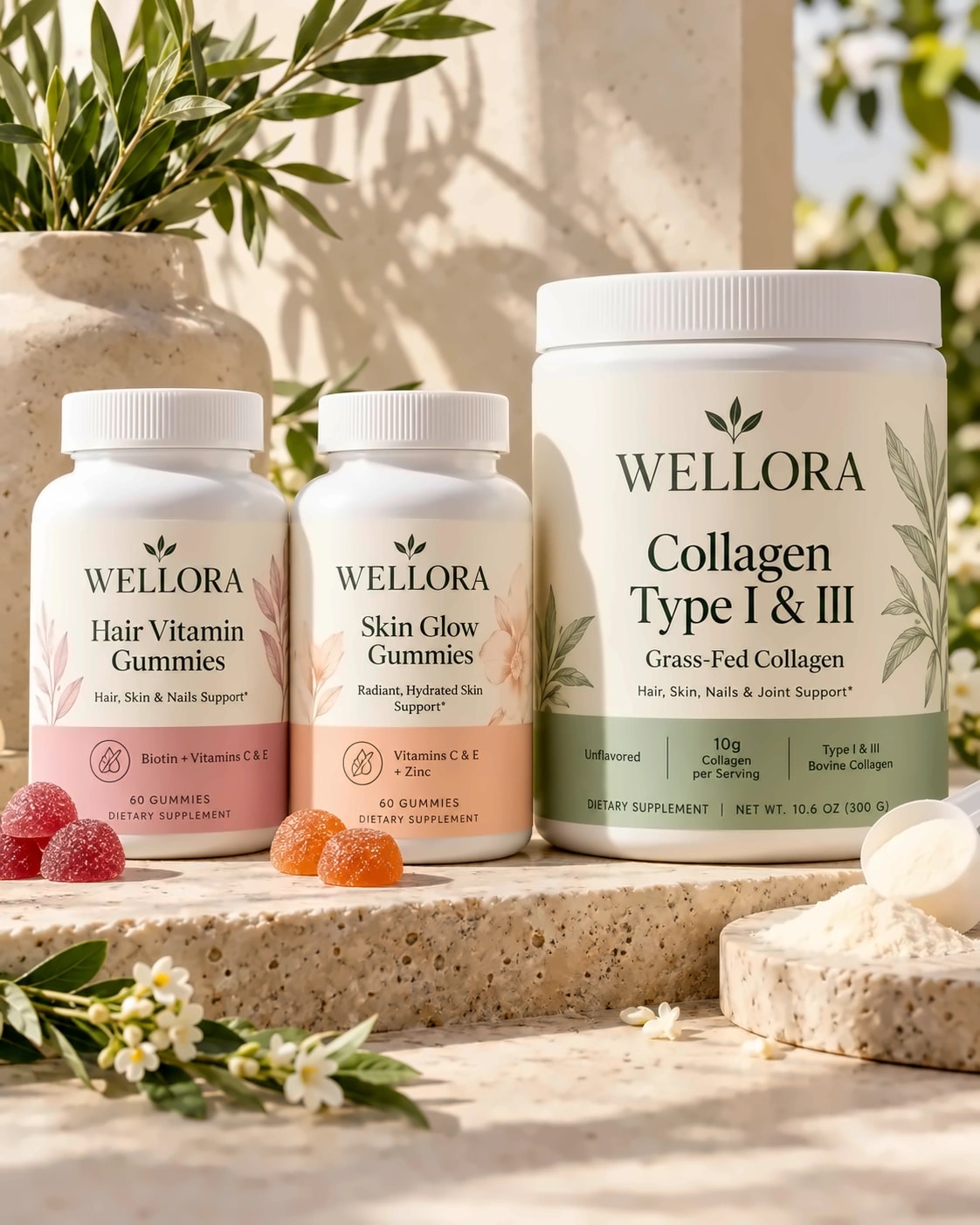 Hair Vitamin Gummies, Skin Glow Gummies, Grass-Fed Collagen Type I & III — the Hair & Glow System