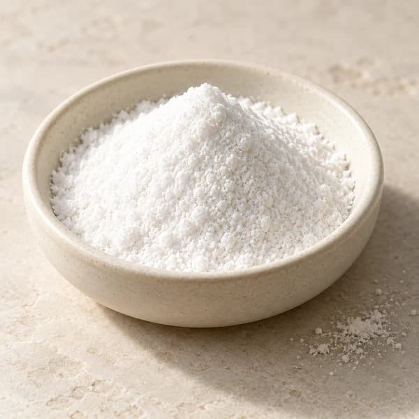 Fine white powder in a ceramic dish, representing prebiotic FOS