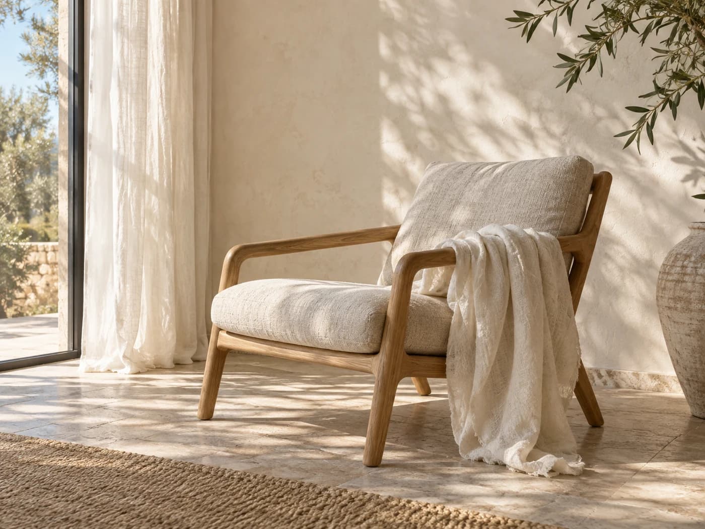 A linen armchair beside a sunlit window, with soft olive-leaf shadows on a cream wall