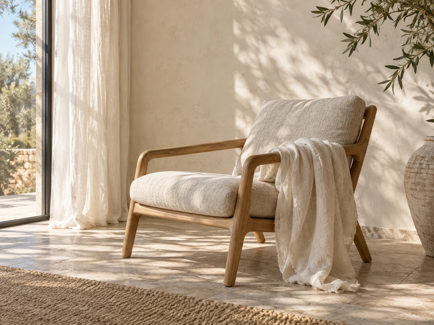 A linen armchair beside a sunlit window, with botanical shadows on a warm cream wall