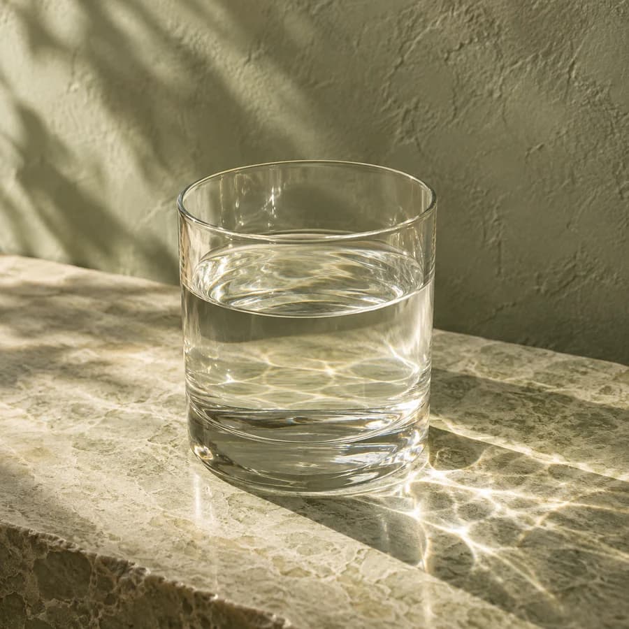 Sunlight passing through a glass of water onto pale stone