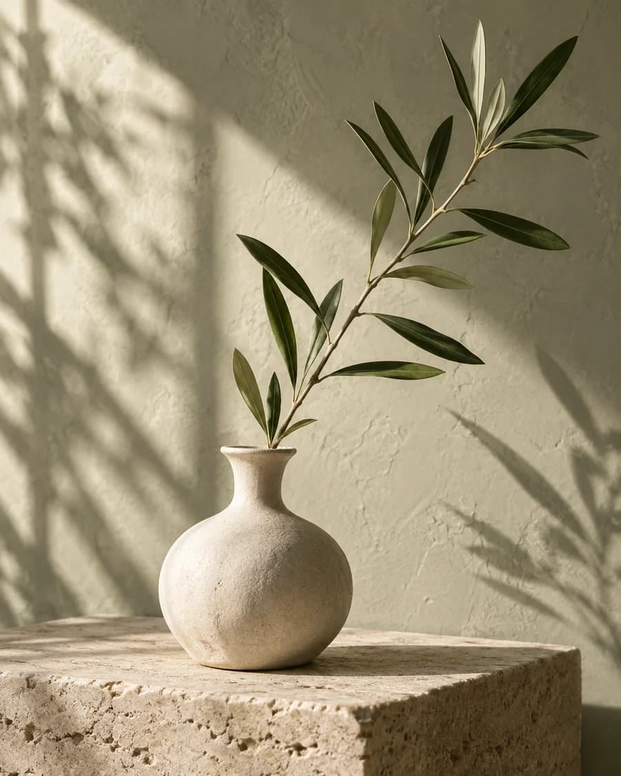 An olive branch in a handmade ceramic vase against a sage wall