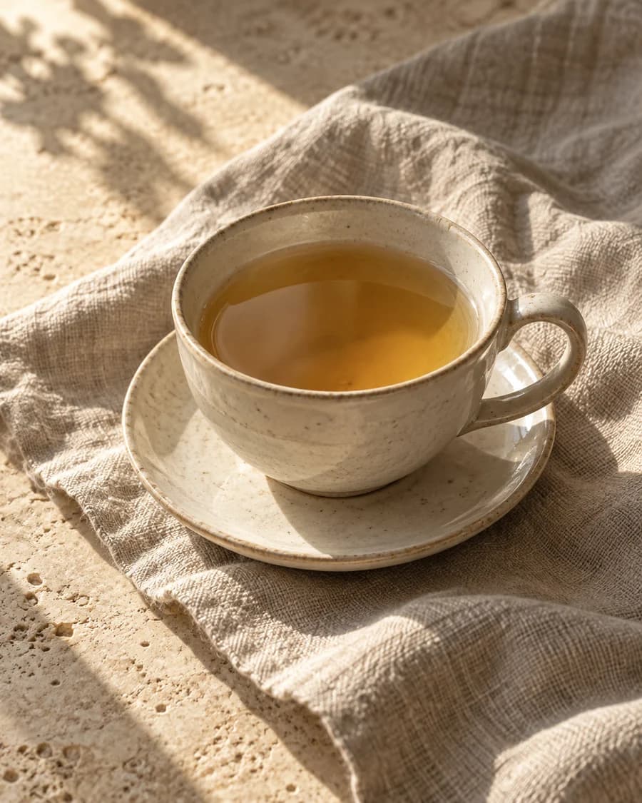 A ceramic cup of tea resting on natural linen in morning light