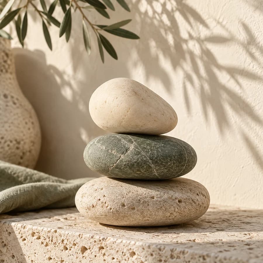 Three smooth stones balanced together in warm sunlight